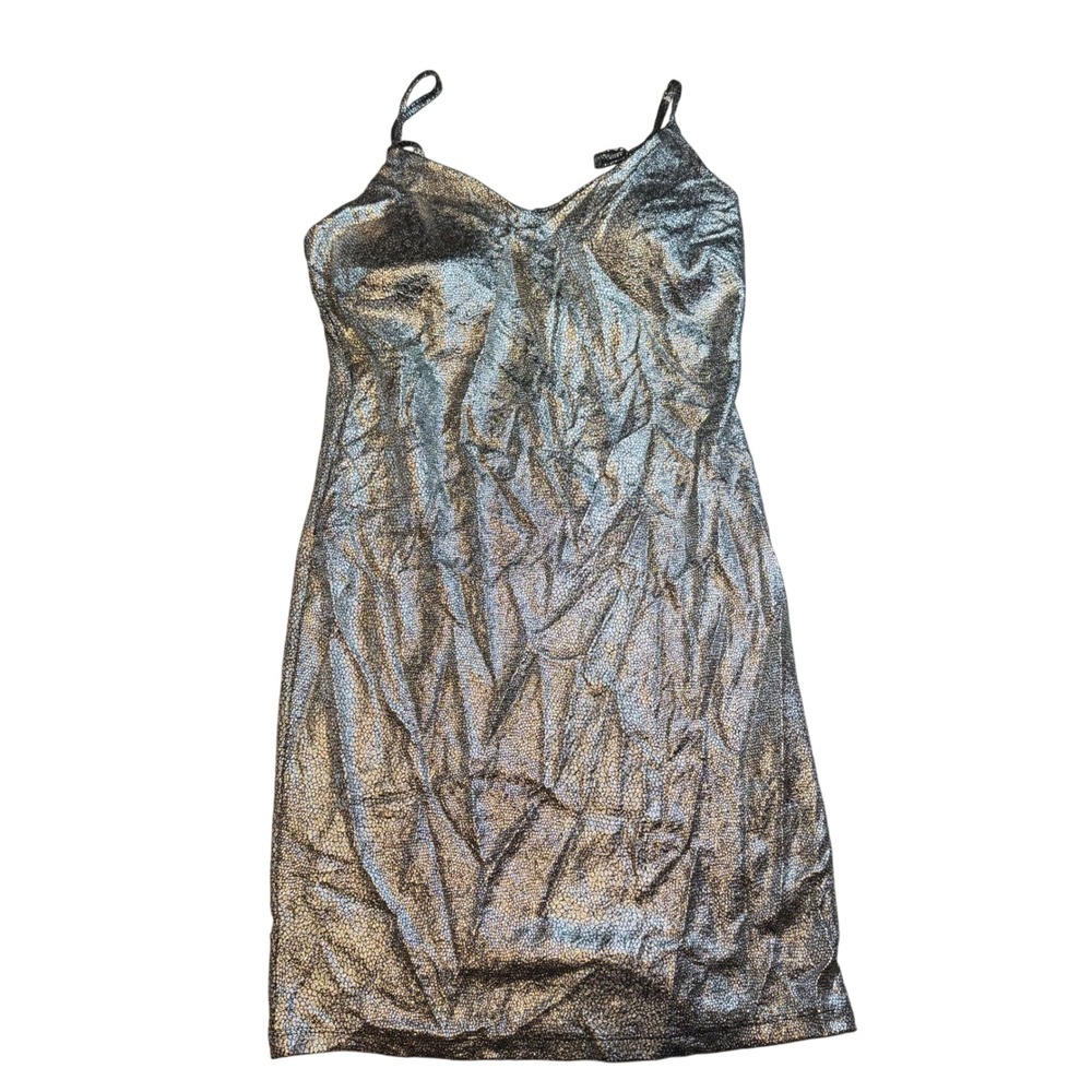 Haute Monde Metallic Silver Textured Bodycon Mini Dress V-Neck Large‎ Party
